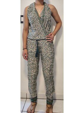 Talitha Collection 100% Silk Jumpsuit Wide Leg Halter Paisley Floral Green Ivory